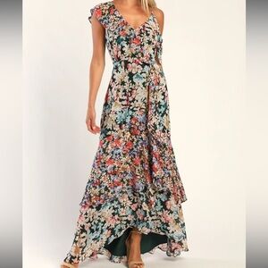 Lulus Radiant Hunter Green Floral Print Chiffon Maxi Dress